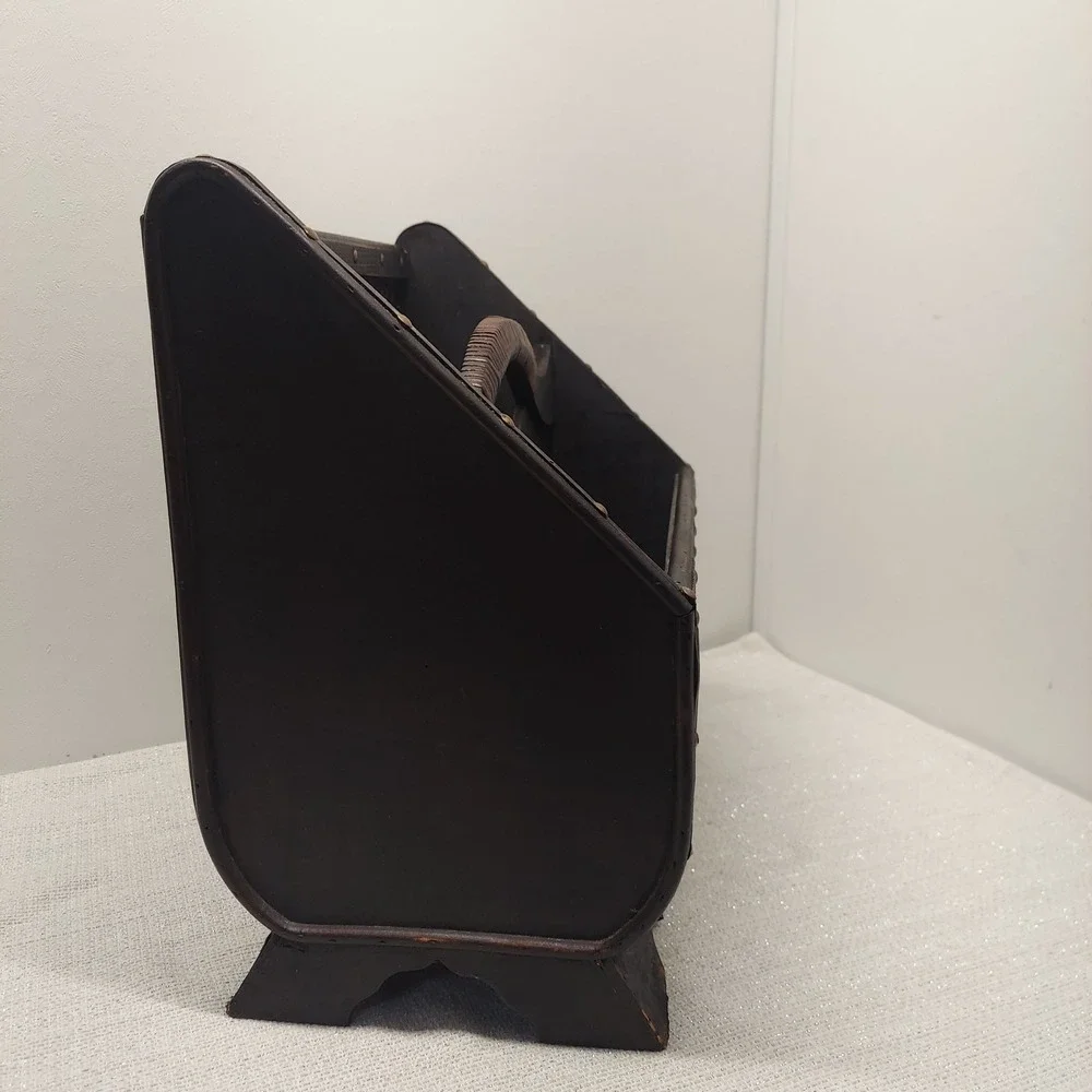 Large Wood Woven Wicker Ratan Magazine Rack Brown Metal Studded Floor Caddy